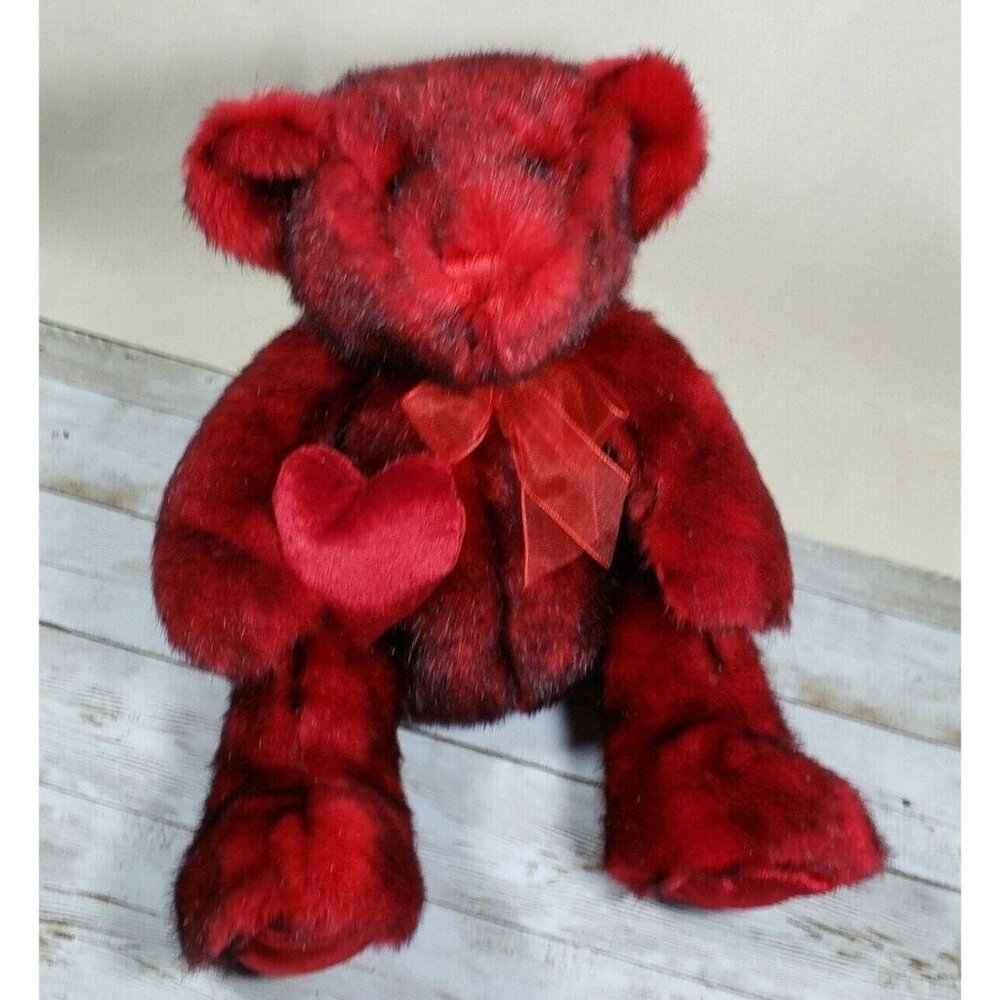 Valentine Bear Stuffed Plush Stuffed Heart Red Black Tinged Sitting 8.5 in